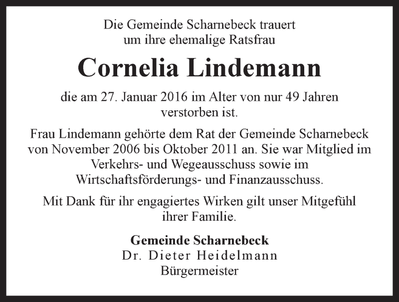  Traueranzeige für Cornelia Lindemann vom 02.02.2016 aus LZ