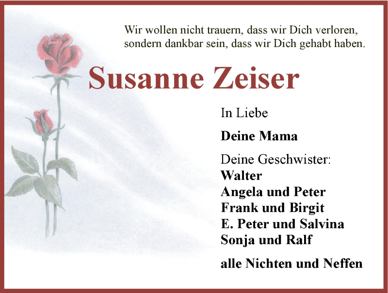  Traueranzeige für Susanne Zeiser vom 09.05.2015 aus LZ