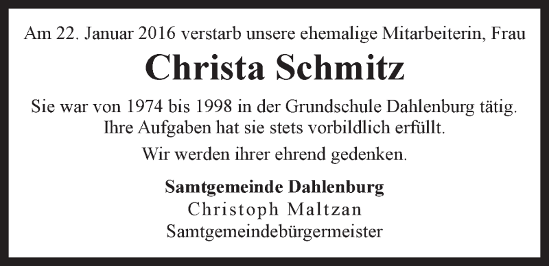  Traueranzeige für Christa Schmitz vom 29.01.2016 aus LZ