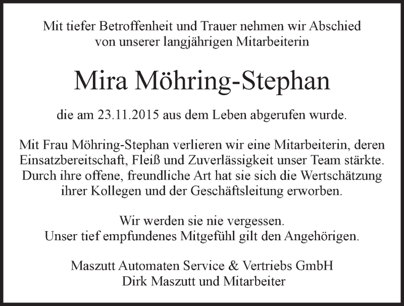  Traueranzeige für Mira Möhring-Stephan vom 26.11.2015 aus LZ