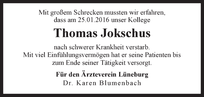  Traueranzeige für Thomas Jokschus vom 28.01.2016 aus LZ