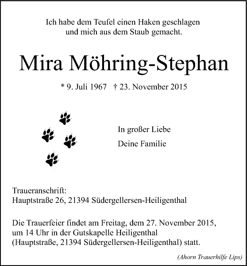  Traueranzeige für Mira Möhring-Stephan vom 26.11.2015 aus LZ