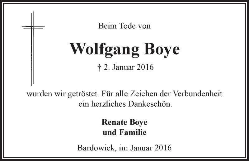  Traueranzeige für Wolfgang Boye vom 30.01.2016 aus LZ