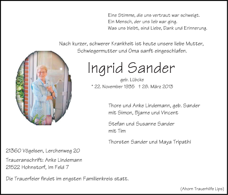  Traueranzeige für Ingrid Sander vom 12.05.2014 aus Landeszeitung Lüneburg