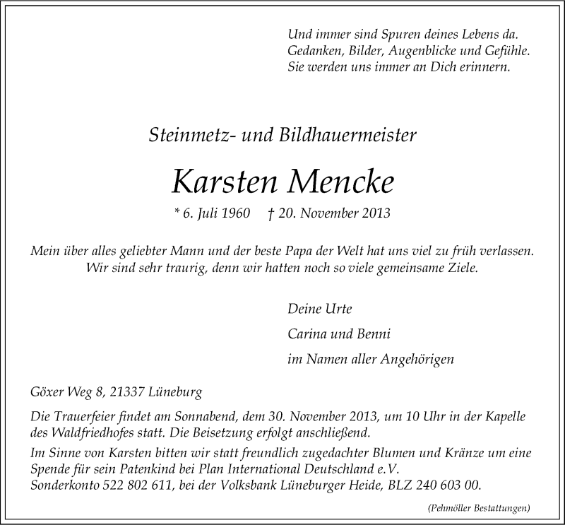  Traueranzeige für Karsten Mencke vom 25.11.2013 aus LZ
