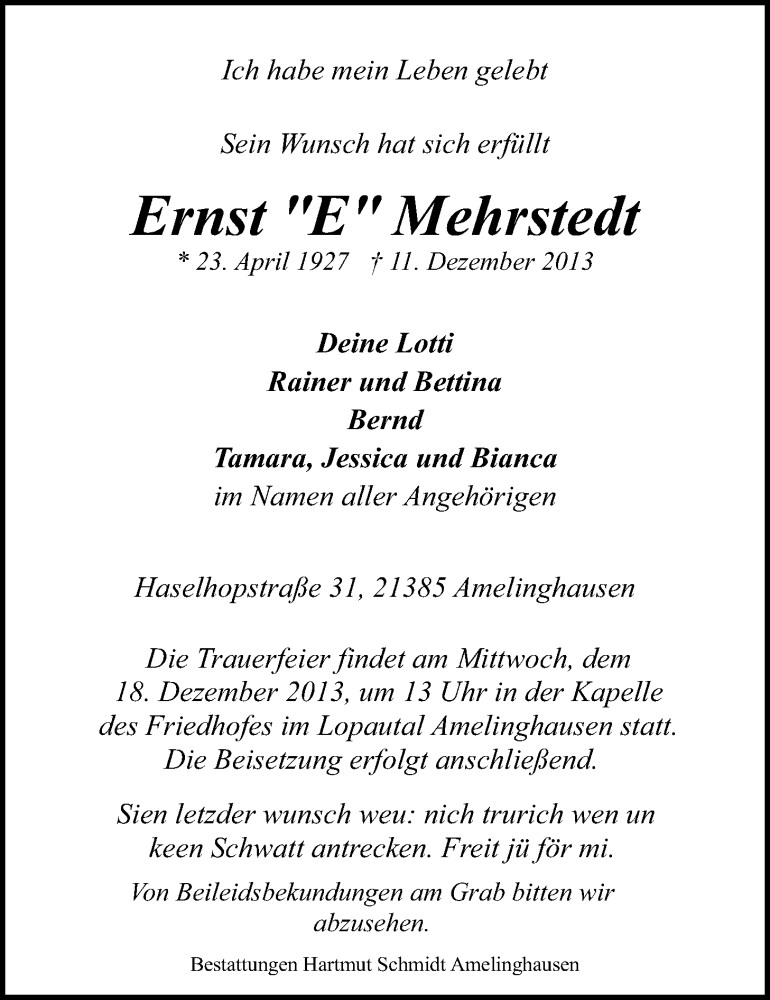  Traueranzeige für Ernst Mehrstedt vom 14.12.2013 aus LZ