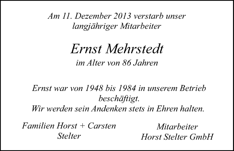  Traueranzeige für Ernst Mehrstedt vom 16.12.2013 aus LZ