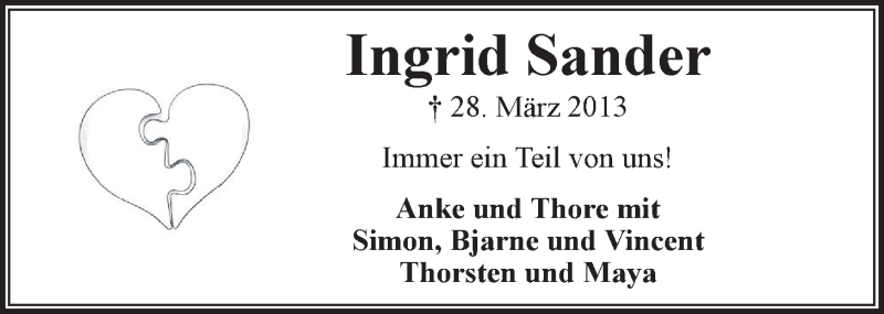  Traueranzeige für Ingrid Sander vom 28.03.2014 aus LZ