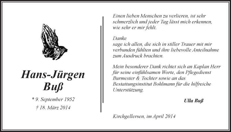  Traueranzeige für Hans-Jürgen Buß vom 25.04.2014 aus LZ