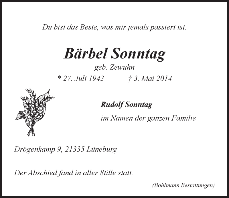  Traueranzeige für Bärbel Sonntag vom 17.05.2014 aus LZ