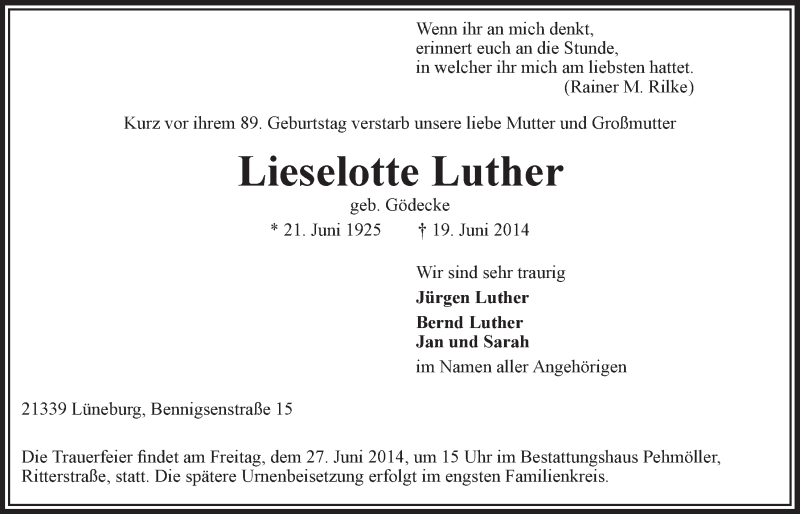  Traueranzeige für Lieselotte Luther vom 24.06.2014 aus LZ