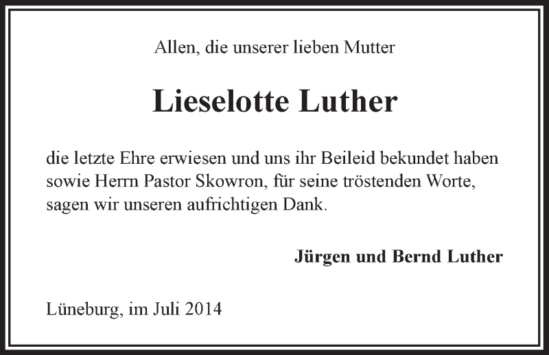  Traueranzeige für Lieselotte Luther vom 12.07.2014 aus LZ