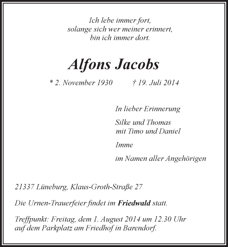  Traueranzeige für Alfons Jacobs vom 26.07.2014 aus LZ