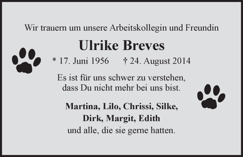  Traueranzeige für Ulrike Breves vom 30.08.2014 aus LZ