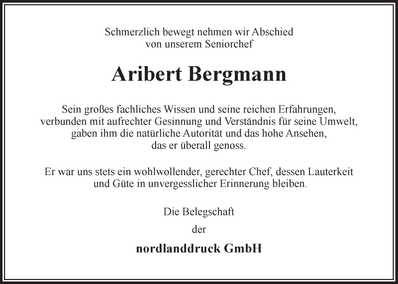  Traueranzeige für Aribert Bergmann vom 13.09.2014 aus LZ