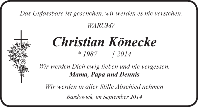  Traueranzeige für Christian Könecke vom 13.09.2014 aus LZ