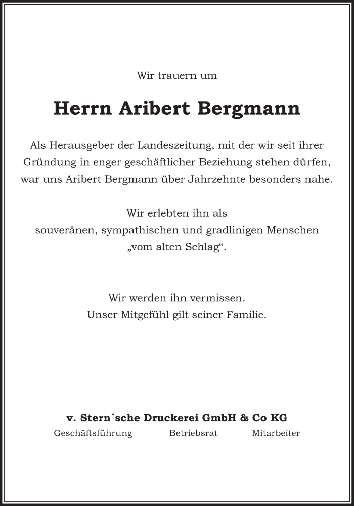 Traueranzeige für Aribert Bergmann vom 13.09.2014 aus LZ