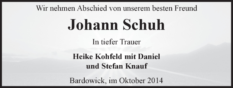  Traueranzeige für Johann Schuh vom 04.10.2014 aus LZ