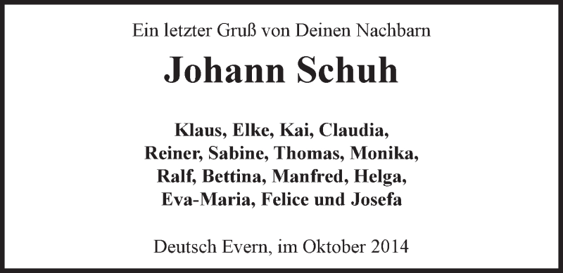  Traueranzeige für Johann Schuh vom 04.10.2014 aus LZ