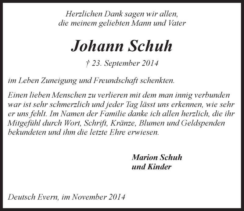  Traueranzeige für Johann Schuh vom 29.11.2014 aus LZ