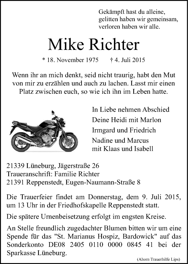  Traueranzeige für Mike Richter vom 06.07.2015 aus LZ
