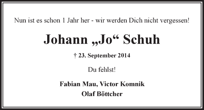  Traueranzeige für Johann Schuh vom 23.09.2015 aus LZ
