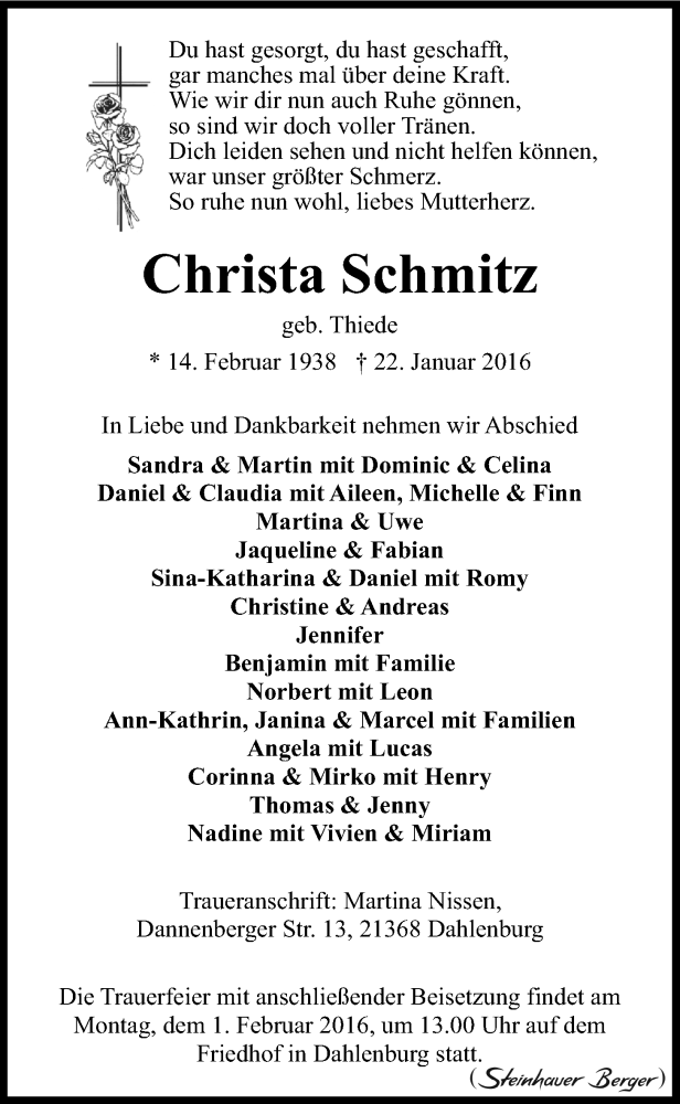  Traueranzeige für Christa Schmitz vom 27.01.2016 aus LZ