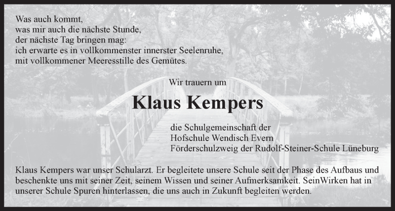  Traueranzeige für Klaus Kempers vom 14.02.2015 aus LZ