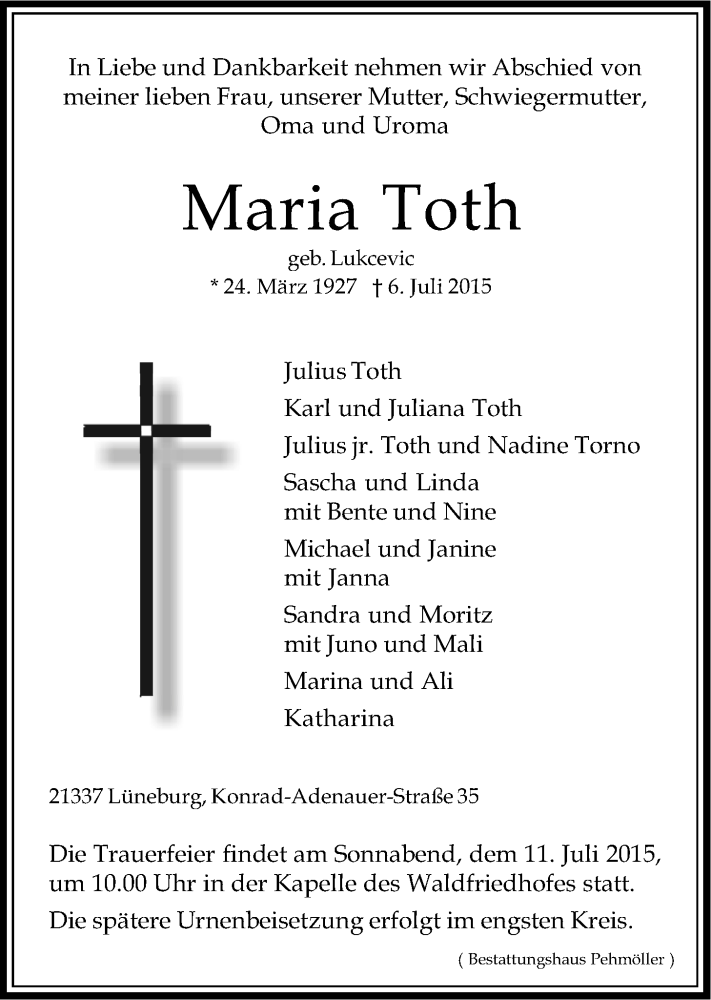  Traueranzeige für Maria Toth vom 09.07.2015 aus LZ