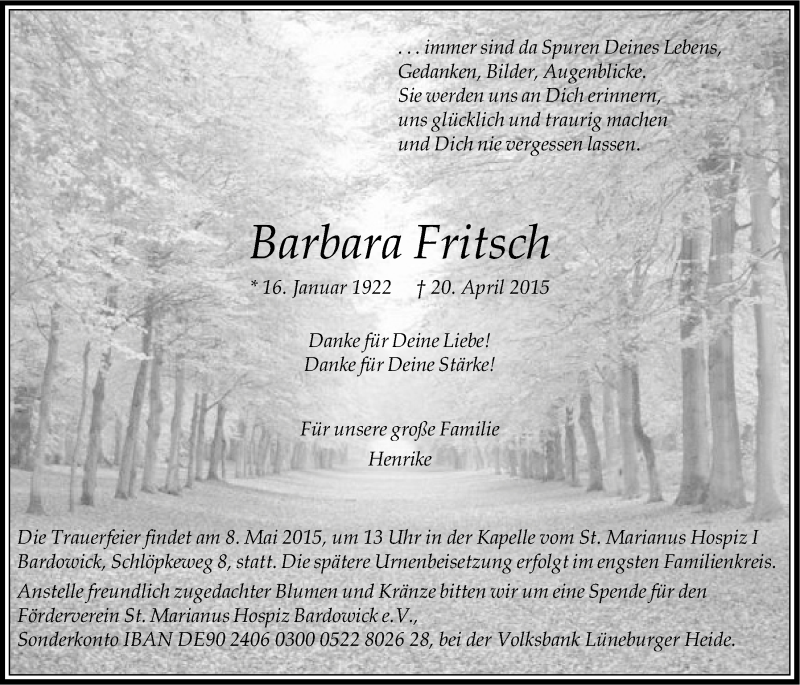  Traueranzeige für Barbara Fritsch vom 02.05.2015 aus LZ