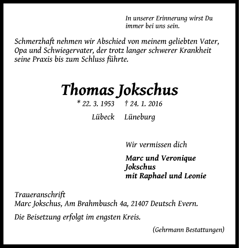 Traueranzeige für Thomas Jokschus vom 27.01.2016 aus LZ