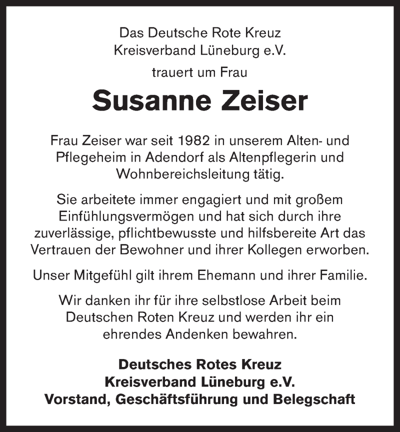  Traueranzeige für Susanne Zeiser vom 09.05.2015 aus LZ