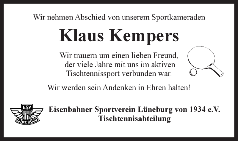  Traueranzeige für Klaus Kempers vom 14.02.2015 aus LZ