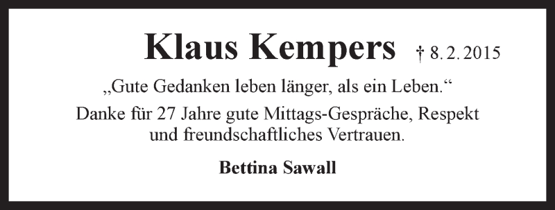  Traueranzeige für Klaus Kempers vom 21.02.2015 aus LZ