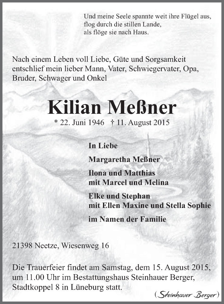  Traueranzeige für Kilian Meßner vom 14.08.2015 aus LZ