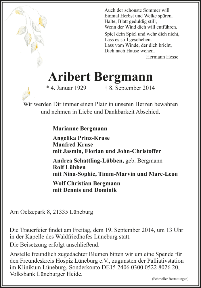  Traueranzeige für Aribert Bergmann vom 13.09.2014 aus Landeszeitung Lüneburg