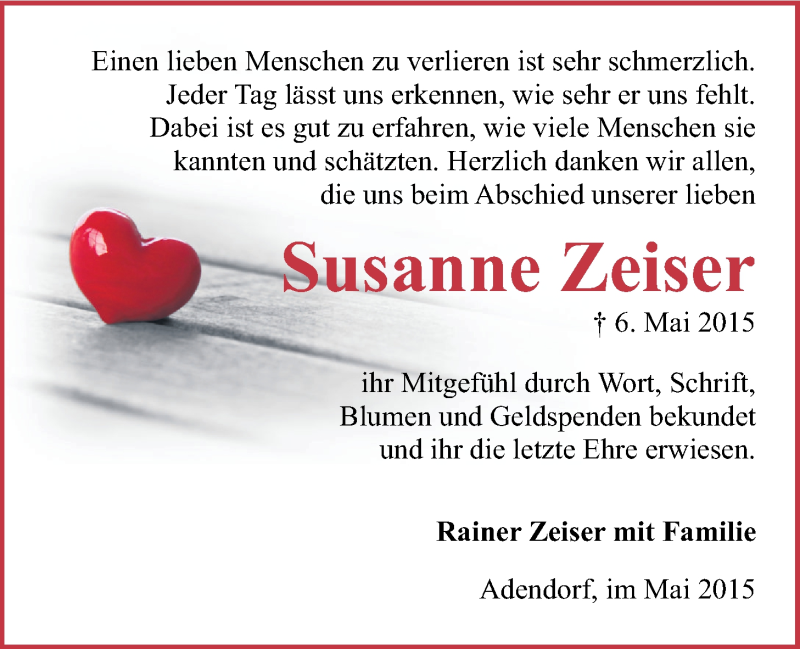  Traueranzeige für Susanne Zeiser vom 02.06.2015 aus LZ