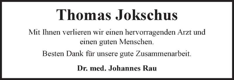  Traueranzeige für Thomas Jokschus vom 01.02.2016 aus LZ