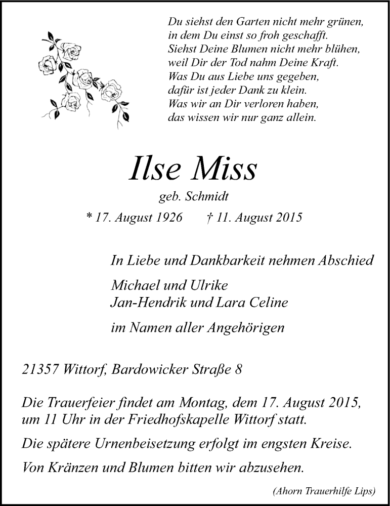  Traueranzeige für Ilse Miss vom 13.08.2015 aus LZ