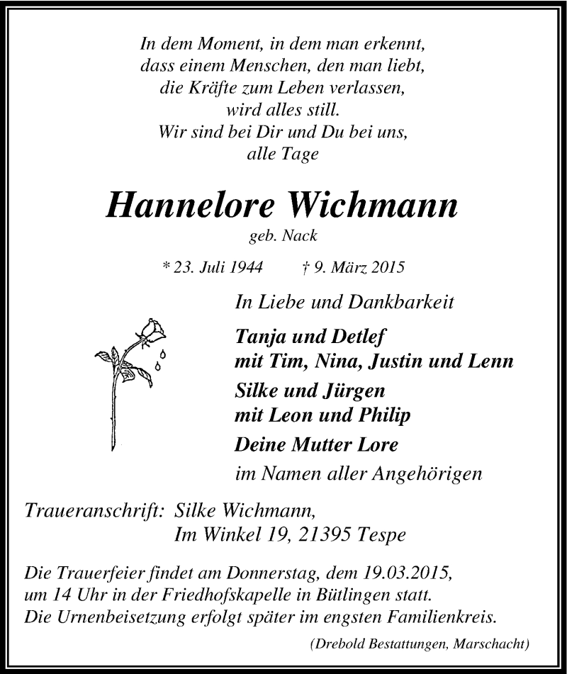  Traueranzeige für Hannelore Wichmann vom 14.03.2015 aus LZ