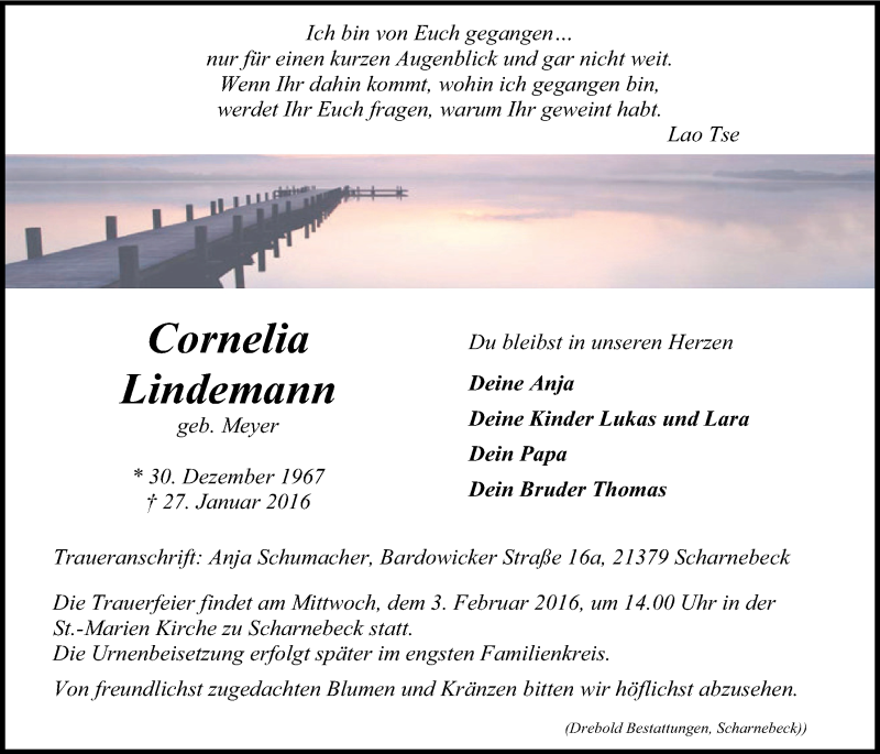  Traueranzeige für Cornelia Lindemann vom 30.01.2016 aus LZ