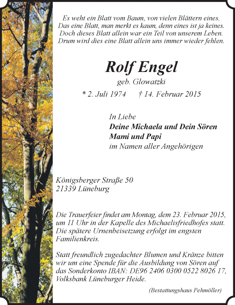  Traueranzeige für Rolf Engel vom 18.02.2015 aus LZ