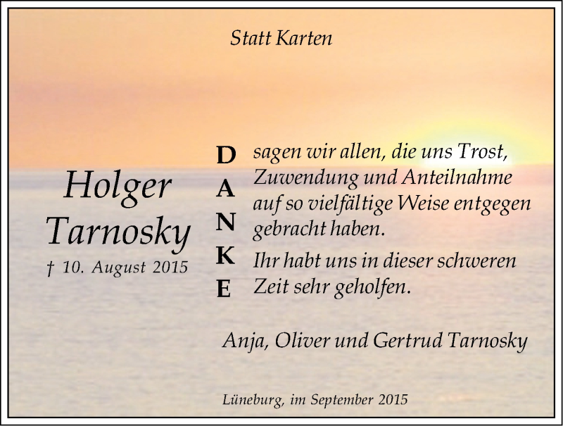  Traueranzeige für Holger Tarnosky vom 05.09.2015 aus LZ