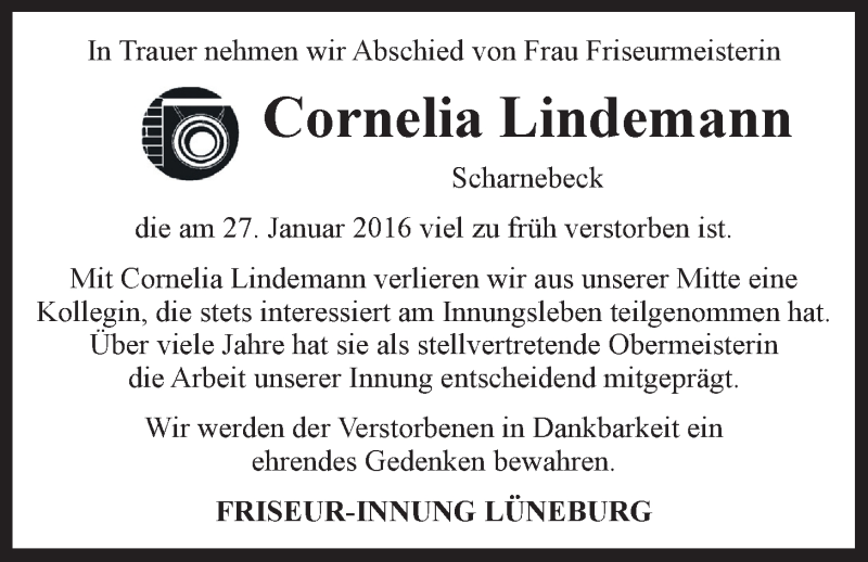  Traueranzeige für Cornelia Lindemann vom 02.02.2016 aus LZ