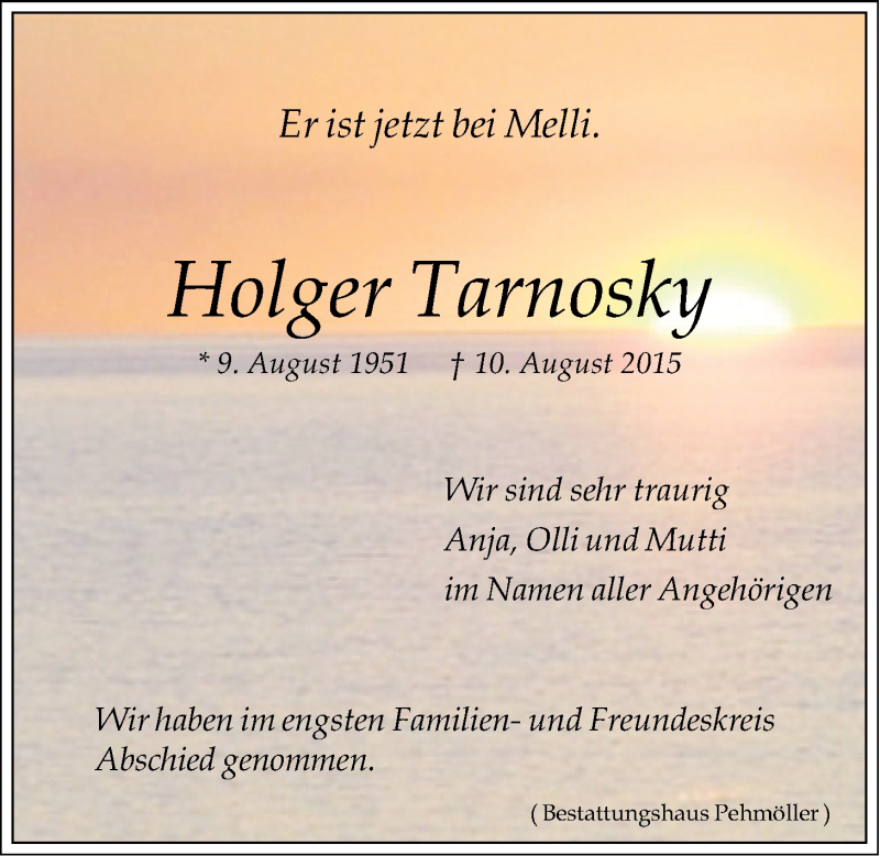  Traueranzeige für Holger Tarnosky vom 29.08.2015 aus LZ