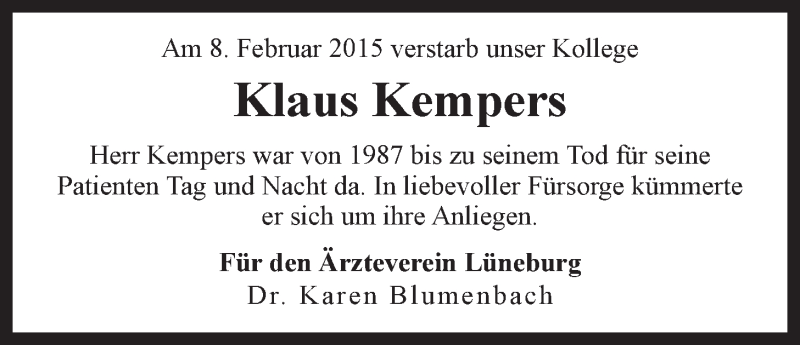  Traueranzeige für Klaus Kempers vom 18.02.2015 aus LZ