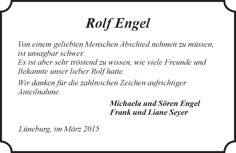  Traueranzeige für Rolf Engel vom 09.03.2015 aus LZ
