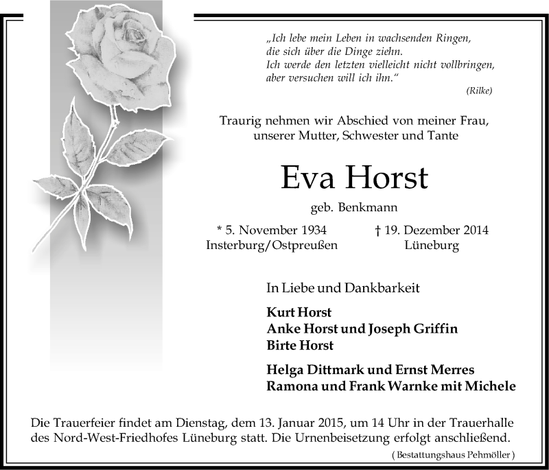  Traueranzeige für Eva Horst vom 08.01.2015 aus LZ