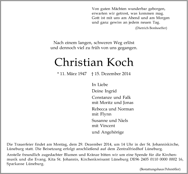  Traueranzeige für Christian Koch vom 20.12.2014 aus LZ