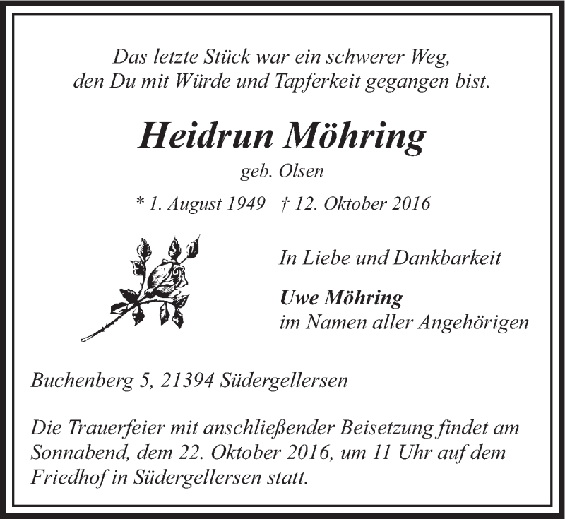  Traueranzeige für Heidrun Möhring vom 15.10.2016 aus LZ